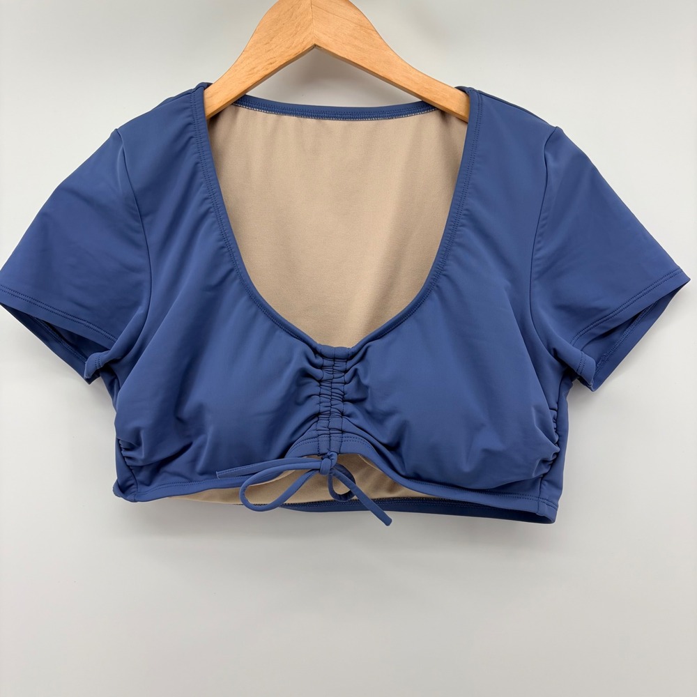Kona Sol Bikini Top Womens Blue Cinched Front Short Sleeve Crop Swimwear Beach